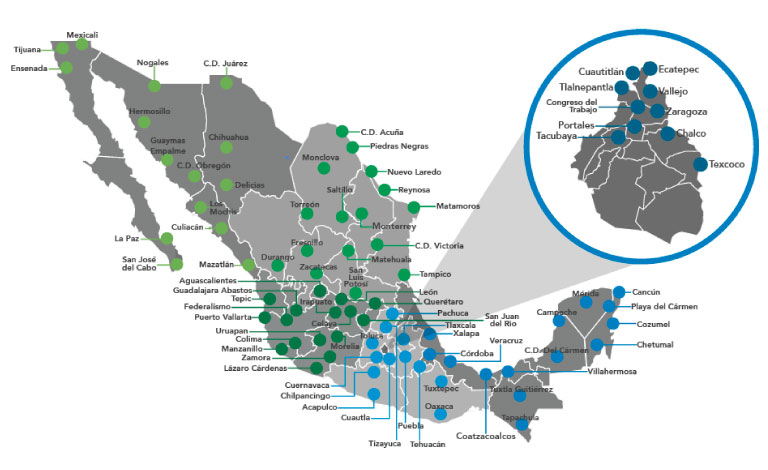 Estamos presentes en 23 centros regionales de servicio.